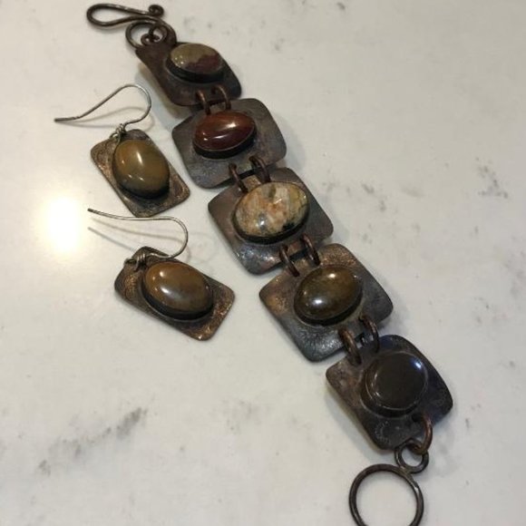 Copper Panel Bracelet  & Earrings Set with Natural Stone Cabochons - Picture 3 of 7